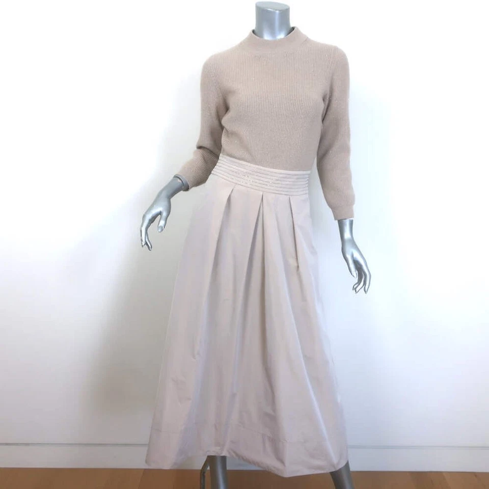 Peserico Monili-Beaded Mixed Media Sweater Dress Taupe Knit & Taffeta Size 38 - Image 1 of 4