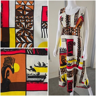 VTG 60s Psychedelic Maxi Tapa Muumuu Barkcloth Hawaiian Dress Tiki 70s Volup XL - Image 1 of 4