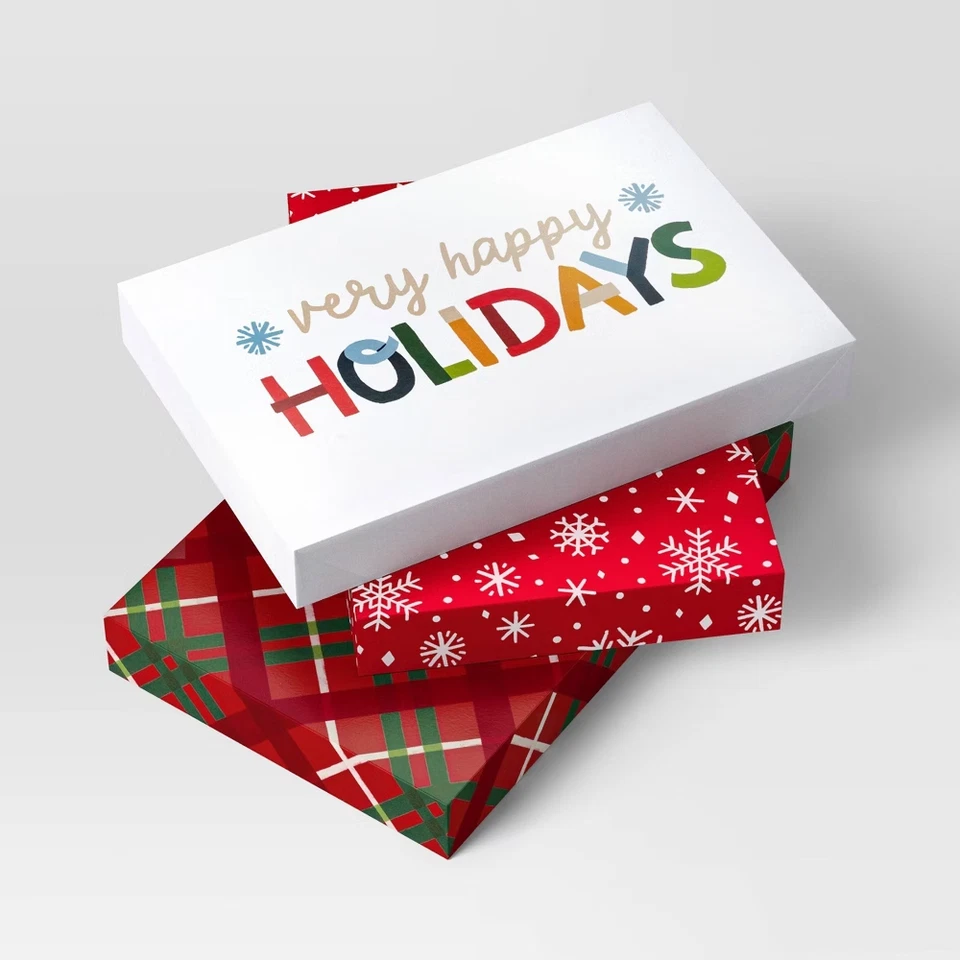 3X Festive Christmas Shirt Gift Box Plaid/Snowflake/Happy Holiday 14.25x9.5x2" - Image 1 of 1