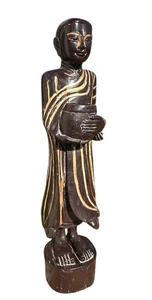 Hand-Carved Wooden Buddha Statue Alms Bowl Gold Leaf Southeast Asian Monk 32” - Picture 1 of 19