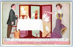 1910's I WAS ONLY TEAZING YOU MUSICAL NOTES CHAMPAGNE BUCKET STORKS? POSTCARD - Bild 1 von 2