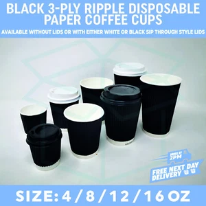 Disposable Coffee Cups Black Ripple Paper Cup For Hot And Cold Drink 4/8/12/16oz - Picture 1 of 18