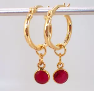 Sterling Silver Gold Plated Vermeil Hoop Earrings with Ruby Charm - Picture 1 of 14