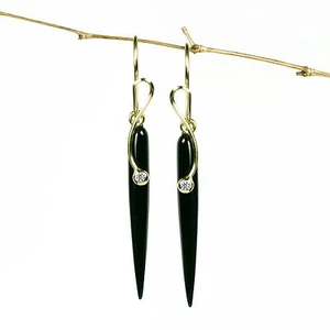 NEW . Pure 18k 14k Gold Onyx " Diamond Polaris Solitaire "  Designer Earrings  - Picture 1 of 11
