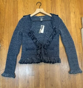 NWT CHELSEA &THEODORE Cotton Blend Fringed Officer Blue Open-Front Sweater/Coat - Picture 1 of 12