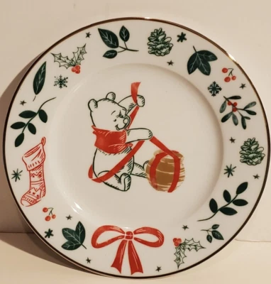 DISNEY WINNIE THE POOH ZRIKE BRANDS CERAMIC CHRISTMAS PLATE 8" SILVER TRIM - Image 1 of 4