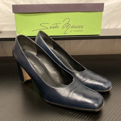 SESTO MEUCCI Tela Azul Puntera Cuadrada Bloque Tacón 3" Hecho en Italia Talla 9 Estrecho Foto 1 de 4