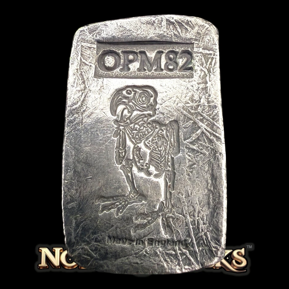 Barra de plata vertida a mano OPM82 2 oz .999 • Arte de esqueleto de loro • Hecha en Inglaterra Foto 1 de 2
