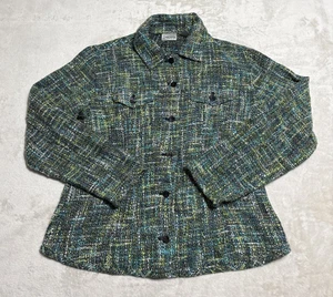 Chico’s Jacket Womens Medium 1 Green Multicolor Tweed Button Front Shacket Style - Picture 1 of 7