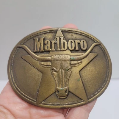 Vintage 1987 Marlboro Belt Buckle Solid Brass Philip Morris Longhorn Steer Star - Image 1 of 4