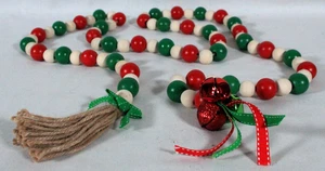 DÉCOR DE NOËL ROUGE, BLANC, VERT CORDES PERLES, CLOCHES ET GUIRLANDE À POMPONS - Photo 1/3