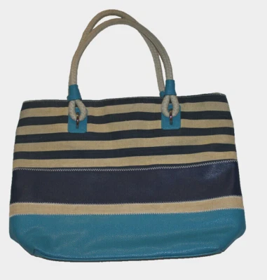 Nine West blue striped beach bag tote shoulder purse jute rope handle lined - Image 1 of 4