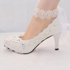 8cm heels White Womens stiletto lace ribbon crystal pearl Wedding shoes bride