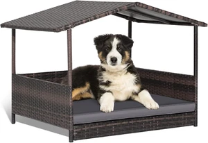 Wicker Dog House, Raised Rattan Dog Bed with Waterproof Roof, Washable Cushion C - Picture 1 of 9