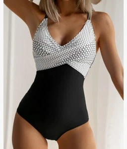 B2prity XXL Slimming One Piece Swimsuits Tummy Control Bathing Suit Black White - Picture 1 of 6