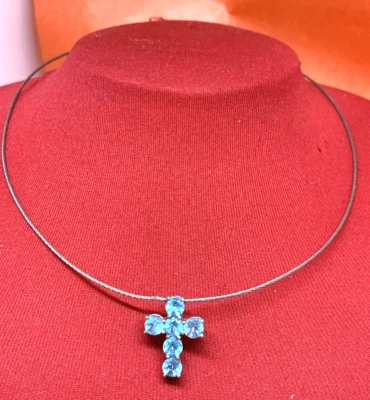 COLLIER IN ACCIAIO CON CHIUSURA IN ARGENTO E CROCETTA ARGENTO E TOPAZIO BLU' - Immagine 1 di 4