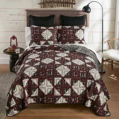 Rustic Log Cabin Star 3-Pc King Quilt Set Pieced Cotton Rustic Lodge Plaid Patch - Image 1 of 4