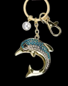 4" Crystal Rhinestone Dolphin Key Chain Purse Fob Gold Plating - Picture 1 of 6