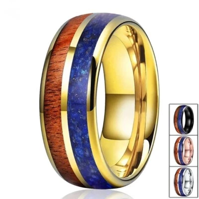8MM Men Women Tungsten Carbide Ring Blue Lapis Koa Wood InClayDome Comfort fit - Image 1 of 4