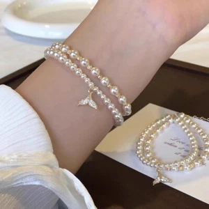 Lindo brazalete colgante sirenas perlas imitación pulsera doble cadena dijes ➳ - Imagen 1 de 14