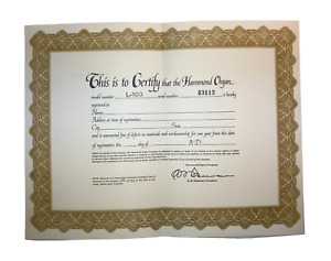 Hammond Organ Vintage  Registration, Ownership, Certificate, Validation Card
