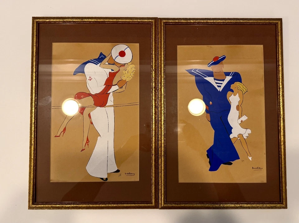 2 guache George de Vertury e Helen/Emery Kelen Art Deco arte original #impressões 1940 - Imagem 1 de 4