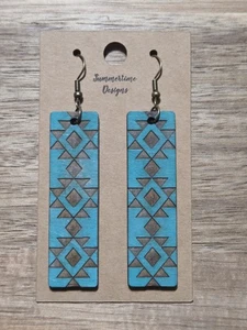 Hand Painted Laser Cut Wood Earrings Turquoise Aztec Bar 2.5" - Picture 1 of 1