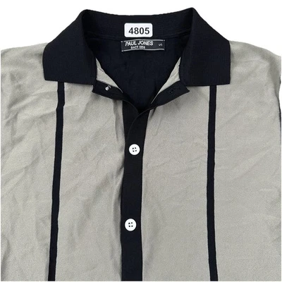 Paul Jones Button Up Polo Shirt Men Fits XS Tag Small Black Gray Stripe VTG Styl - Image 1 of 4