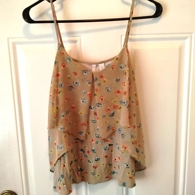 Lauren Conrad Women's Size XS Tan Floral Spaghetti Strap 2 layer Tank Top J782 - Image 1 of 4