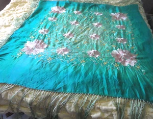 Antique 1920s Ombre Aqua Silk Embroidered floral Crochet Fringe Piano Shawl Wrap - Picture 1 of 17