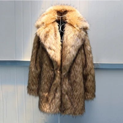 Men's Faux Fur Coat Imitation Hair Long Coats Warm Suit Collar Artificial Cloth - Image 1 of 4
