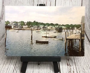 The Walk Pier Dock Footbridge Boat Houses Boothbay Harbor Maine Vintage Postcard - Picture 1 of 4
