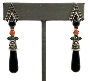 Art Deco Style Earrings Sterling Silver Onyx Marcasite Pierced Earrings 2.5" - Picture 1 of 11