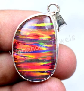 925 Pendente Argento Sterling Fuoco Opale Bellissimo Fatto a Mano Ciondolo 32 KT - Foto 1 di 6
