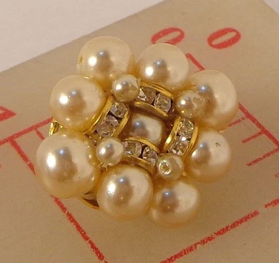 3 Beaded Czech Shank Buttons Glass Pearls & Gold Rhinestone Rondelles 7/8" 1512 - Image 1 of 4