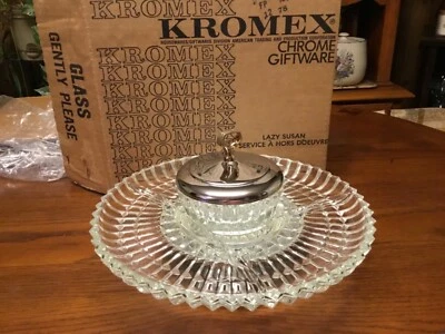 Kromex Lazy Susan Serving Tray Platter Rotating Chrome Glass Relish Dish 598-21 - Image 1 of 4
