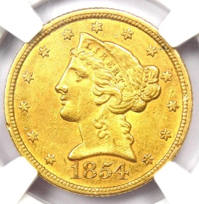 1854-C Liberty Gold Half Eagle $5 - NGC AU55 - Rare Charlotte Gold Coin! - Image 1 of 4