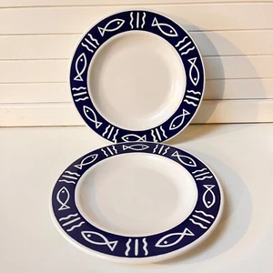 Vintage Hornsea Pottery Oceana. Blue and White Fish Design Salad Plates x2 20cm - Picture 1 of 6