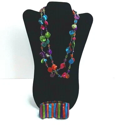Collar de madreperla de varios colores neón y pulsera elástica a juego declaración Foto 1 de 4