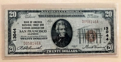 1929 Bank of America National Bank San Francisco, CA $20 type 1 charter 13044 - Image 1 of 2