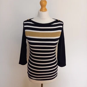 Lauren Ralph Lauren M UK 10 Striped Top w Gold Buttons Black White Gold - Picture 1 of 8