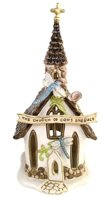Spring Chapel Ceramic Candle House By Blue Sky Clayworks Church Dragonfly 12”T - Image 1 of 4