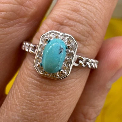 925 Sterling Silver Ring 5x3mm Natural Turquoise Gemstone Zircon Braid Band NEW - Image 1 of 4