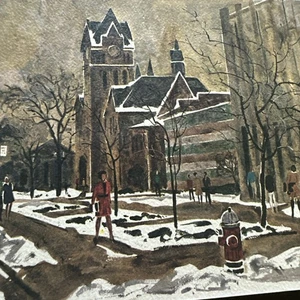 Tarjeta de Navidad de colección Mcm personas caminando por la calle campus Michigan Frederick Simper - Imagen 1 de 6