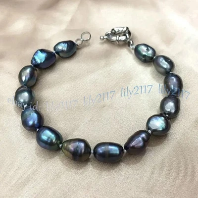 Brazalete de perlas barrocas negras cultivadas de agua dulce naturales genuinas de Tahití de 7,5"" Foto 1 de 4