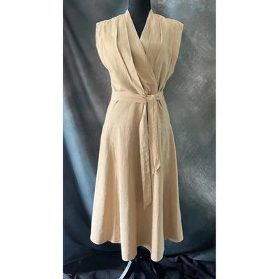 Vestido midi envolvente sin mangas DKNY mezcla de lino con cinturón beige talla 8 carrera Foto 1 de 4