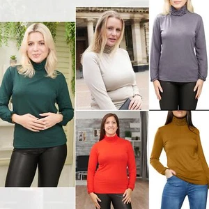 Womens Ladies Long Sleeve Frill Ruffles High Neck Polo Stretch Jumper Tops - Picture 1 of 26