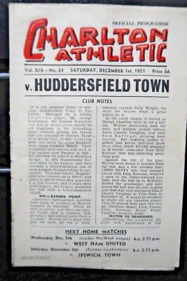 CHARLTON V HUDDERSFIELD FOOTBALL PROGRAMME 1951 - 1952 DIVISION 1 - Image 1 of 4