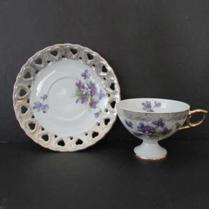 China Cup & Saucer - Japan - #T-1298 - Purple Floral/Heart Design - Picture 1 of 1