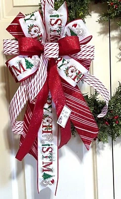 Cinta de 10 "LAZO DE FELIZ NAVIDAD CON ALAMBRE PARA LINTERNA DE CORONA DE PUERTA # 127-B fd Foto 1 de 2